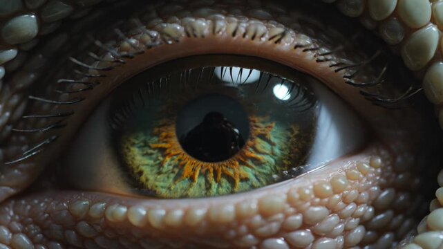 Hyper detailed reptilian eye blending human iris with scaled skin. Unsettling gaze that feels both familiar and alien. 