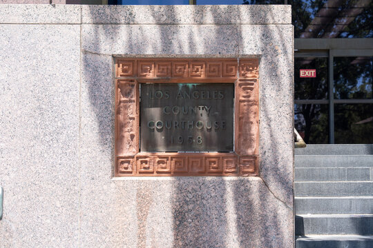 Los Angeles, CA, USA - July 11, 2022: Los Angeles County Courthouse metal sign at Los Angeles Superior Court Stanley Mosk Courthouse on July 11, 2022 in Los Angeles, USA