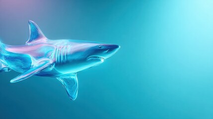 Naklejka premium Iridescent blue shark swimming in turquoise water with wide copy space underwater background