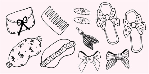 Cozy Line art Pajama Party Vector Set: Sleep Mask, Slippers, Hair Accessories, and Beauty Essentials Doodles