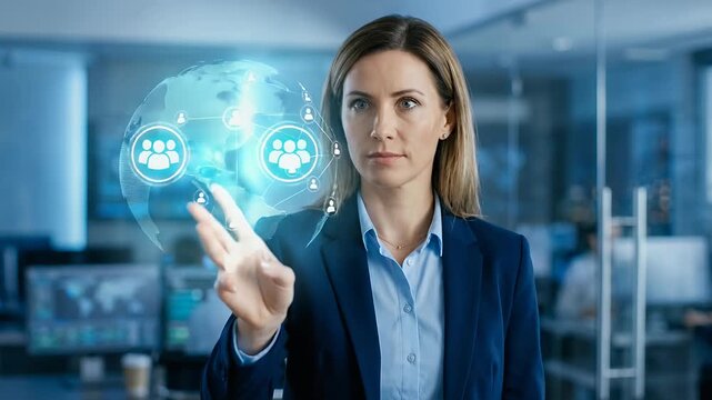 Medium close-up of a professional pointing toward a glowing group icon connected to multiple user nodes across a digital globe, subtle forward finger motion highlighting a selected audience cluster, c