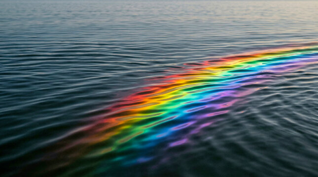 Rainbow reflection on ocean surface with colorful light across water waves