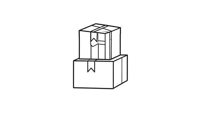 A black and white line drawing of two stacked cardboard boxes, one atop the other, sealed with tape and labels