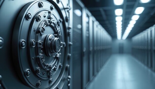 Massive vault door with complex lock mechanism in dimly lit bank corridor. Secure server room with rows of data racks and overhead lights. Advanced tech for safekeeping.