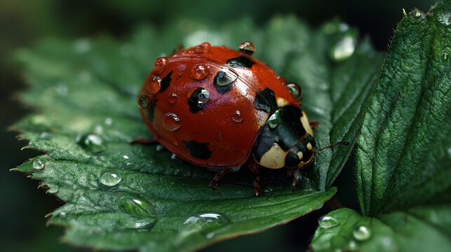 topdown macro ladybug on green leaf with water droplets, ultra realistic ladybug with symmetrical shell on detailed leaf, centered ladybug macro shot with lighting and natural bokeh background