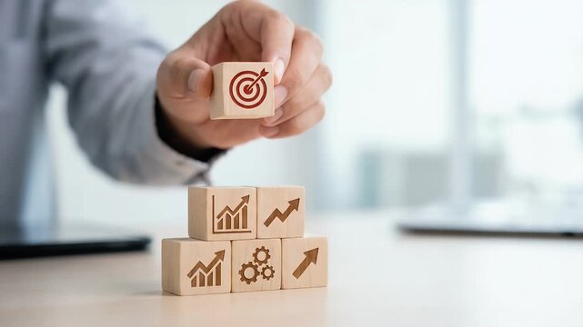 A professional hand places a target block atop a stack of growth-oriented wooden cubes, captured with a slow pan to emphasize strategy and goal achievement in a modern, corporate environment.