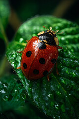 Obraz premium topdown macro ladybug on green leaf with water droplets, ultra realistic ladybug with symmetrical shell on detailed leaf, centered ladybug macro shot with lighting and natural bokeh background