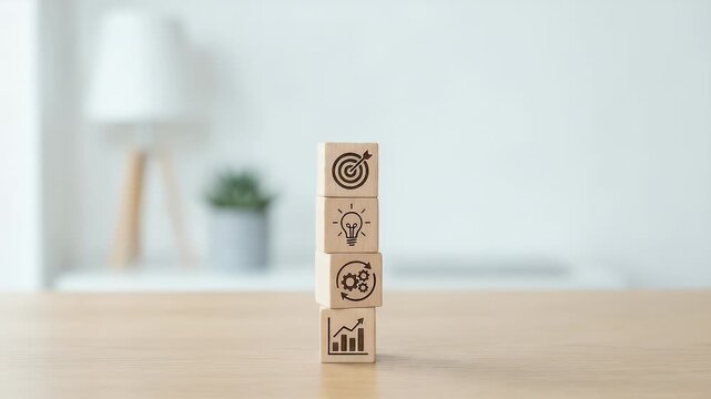 Hand stacking wooden blocks with business icons including target, analytics, idea and process symbols representing strategic planning and business goal achievement concept with modern minimal backgrou
