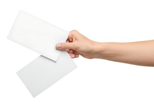 Hand holding blank white envelope isolated on white background