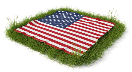 Obraz premium A patch of grass with an American flag on a white background