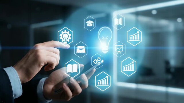 Close-up of a professional touching a glowing light bulb icon within hexagonal education symbols including graduation cap and presentation board while holding a smartphone, slow push-in camera movemen
