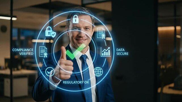 Close-up of a businessman in a blue suit giving a thumbs up behind a glowing circular digital interface with a checkmark and compliance icons, minimal interface pulses, static framing with slow cinema