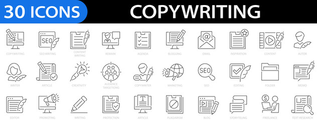 Copywriting line icon set. copywriter, marketing, content writing, editing, blog, article, email, storytelling, writer, author, folder and more. Editable stroke. Vector illustration
