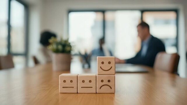 Close-up of a hand placing a smiling face wooden block on top of a row of neutral and sad face blocks forming a layered structure, subtle upward motion completing the positive top layer, warm ambient 