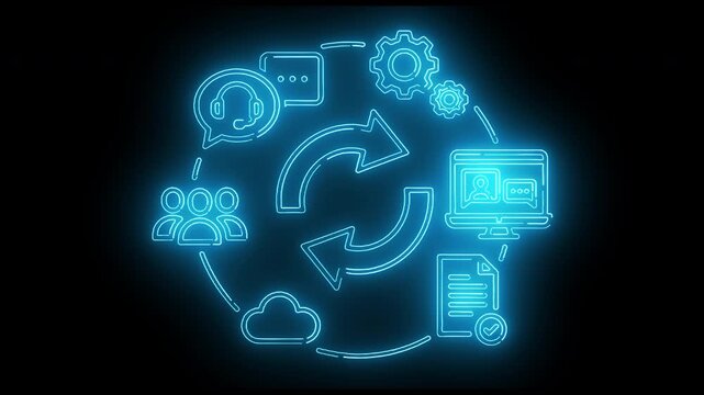Glowing blue neon icons of technology and communication on a black background with a circular flow.