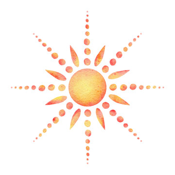 Hand painted sun with dotted rays and circular elements, PNG.