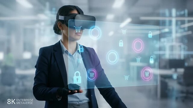 Medium shot of a person wearing a VR headset extending both hands to interact with glowing circular touchpoints and floating commerce and security icons, slow cinematic push-in camera movement with ne