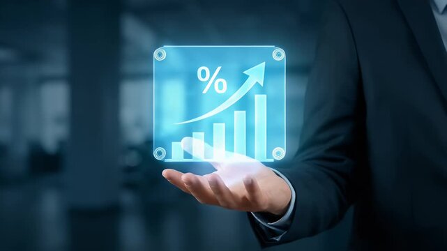 Business professional extending open hand as minimalist bar chart with upward arrow and percentage symbol floats above palm, subtle natural hand movement while soft blue light glows around chart, slow