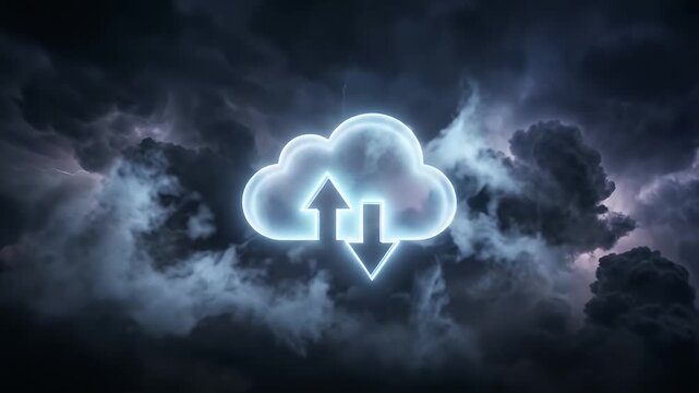 Cinematic animation of a glowing cloud icon with upload and download arrows, slowly tracking through dark storm clouds, illustrating data transfer and cloud computing technology in a dynamic, atmosphe