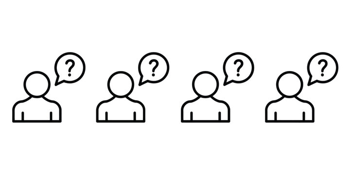 Question mark icon above person in outline vector style, depicting asking, user inquiry, curiosity, and assistance on white background.