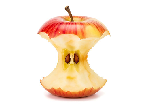 Fresh red apple core standing upright isolated on white background