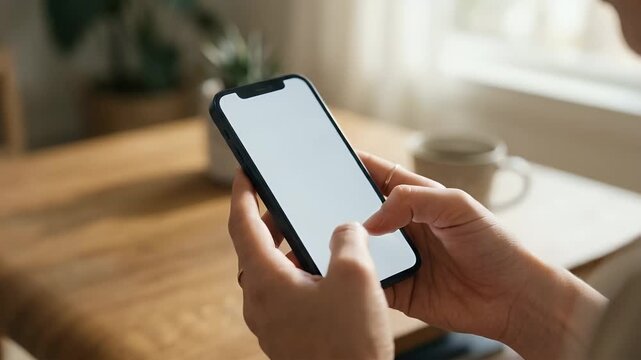 Engaging in daily smartphone interaction, a person gently swipes their device as the camera slowly pans across a serene workspace, capturing the essence of modern lifestyle in a cinematic style.