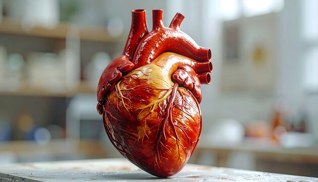 Detailed, vibrant anatomical heart model on surface, soft blurred background