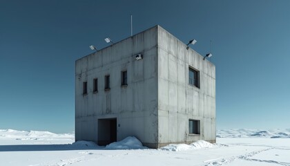 Obraz premium Concrete building stands alone in snow covered arctic landscape. Stark structure with windows and lights under clear blue sky. Remote outpost in winter wilderness.