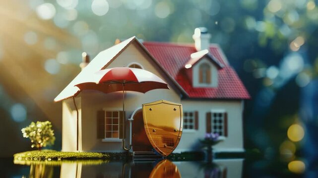 A charming miniature house with an umbrella, set in a beautiful garden under the enchanting warmth of a sunset, creating an illusion of depth and scale.