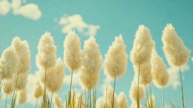 A serene scene of tall, blooming cattail grass against a clear blue sky with scattered clouds.