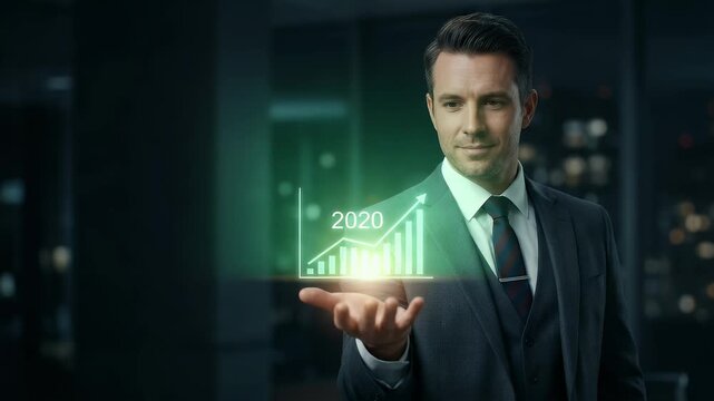 Medium close-up of a professional in a suit extending an open palm with a glowing upward financial chart labeled 2020 hovering above, dark background with subtle light particles and slow cinematic pus