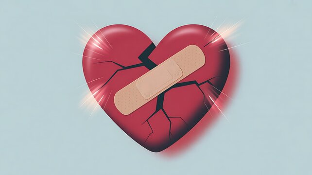 Broken heart with bandaid on blue background symbolizing healing and recovery.