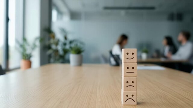 Capture the dynamic motion of a hand stacking wooden emotion blocks on a conference table, with a slow tracking camera movement through a modern office setting, emphasizing productivity and teamwork i