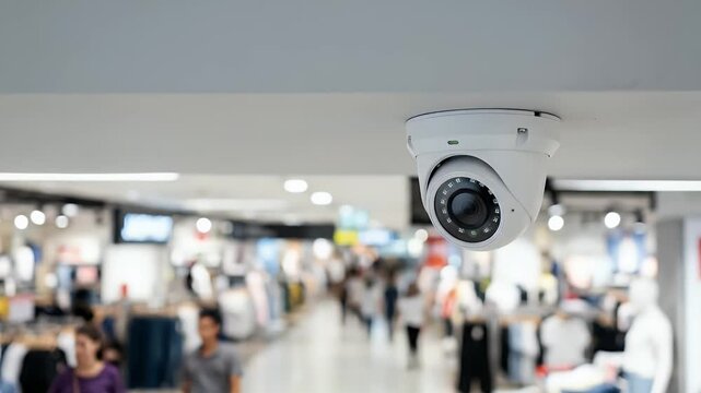 Close-up of a modern security camera mounted indoors with blurred retail environment in the background, static composition with shallow depth of field in realistic safety monitoring stock footage styl