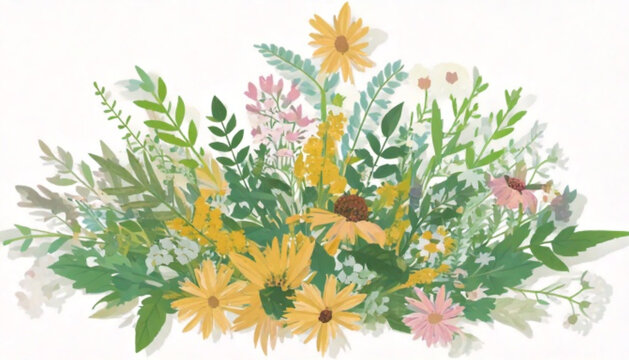 Vibrant floral arrangement showcasing diverse wildflowers and greenery.