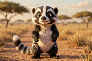 Obraz premium Adorable Cartoon Raccoon Standing in Savanna Landscape - High-Quality 3D Render