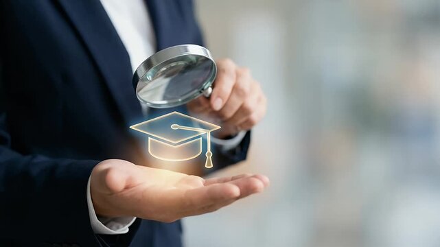 Close-up of a professional holding a magnifying glass over a glowing graduation cap icon floating above an open palm, subtle hand movement inspecting credentials, static framing with soft neutral ligh