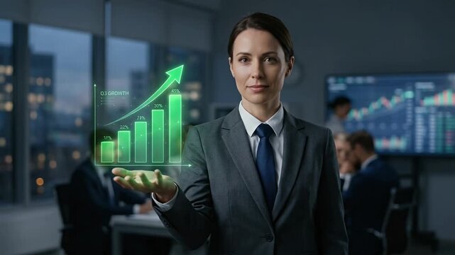 Business professional presenting growth data with a digital graph, slow pan camera movement, in a modern office setting featuring ambient motion, cinematic style.