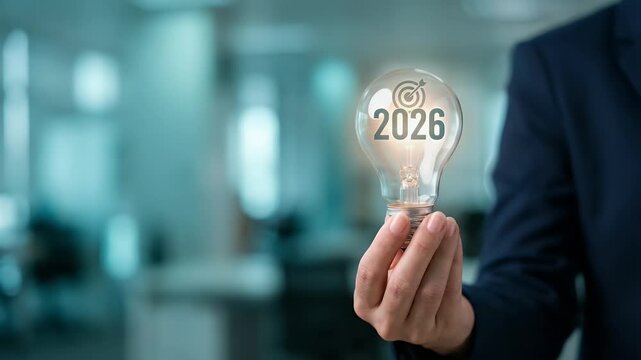 Close-up of a professional holding a lit lightbulb aligned with bold 2026 numbers and a target symbol inside the bulb, gentle cinematic push-in with soft teal corporate lighting and shallow depth of f