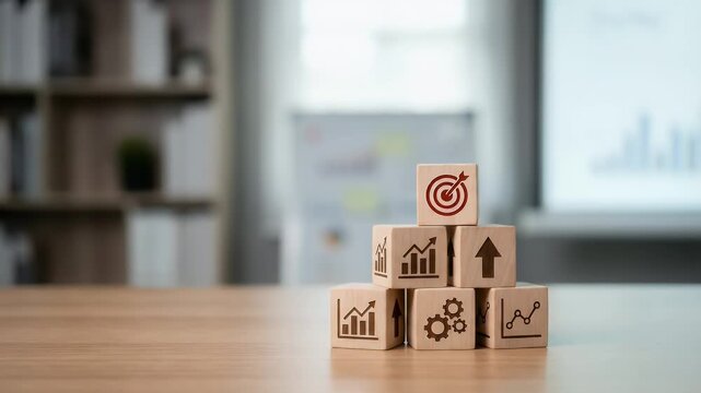 A focused hand places a target block on a stack of growth-themed cubes, with a slow pan revealing a modern office backdrop, creating a cinematic atmosphere for business strategy concepts.