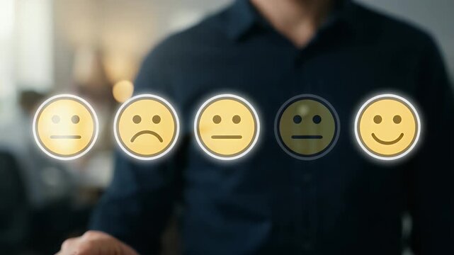 Explore the impact of emotional feedback in a modern workplace as a hand selects a smiley face icon, captured with a slow pan in a cinematic style, highlighting engagement and user interaction.