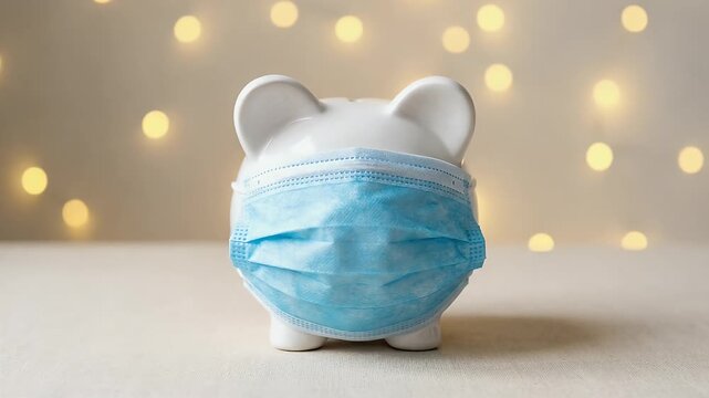 Capture a cinematic slow pan of a piggy bank wearing a blue face mask, symbolizing financial safety during health crises, with gentle ambient light flickering in the background for a soothing effect.