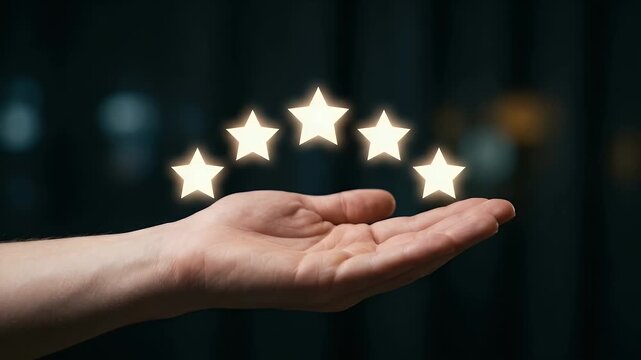 A hand gently releases glowing stars in a cinematic, slow-motion scene, showcasing the themes of rating, appreciation, and quality while capturing a warm, ambient atmosphere.