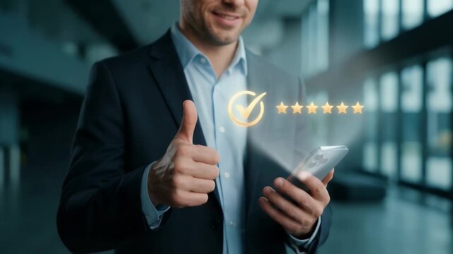 Business professional holding smartphone in one hand while giving thumbs up gesture with other hand as glowing check mark circle and five gold stars appear near thumb, subtle natural hand movement wit