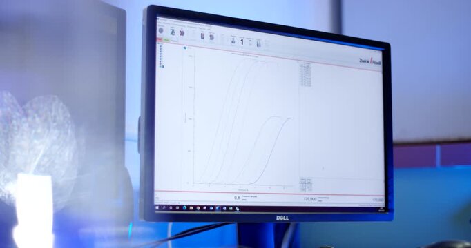 Close up of computer monitor displaying stress-strain curves and technical data from a materials testing software in a laboratory