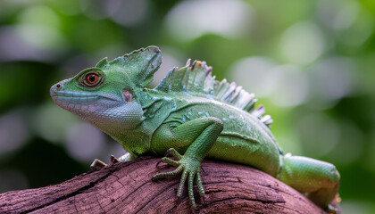 Fototapeta premium Tropical Green Lizard Resting on Tree Branch with Blurred Background