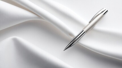 Naklejka premium Silver ballpoint pen on white satin fabric with soft folds minimalist stationery background