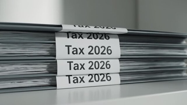 Tax document stack for annual filing and accounting office paperwork with gray folder labels organized finance records close up tax filing documents shelf for 2026 office storage stacked paper