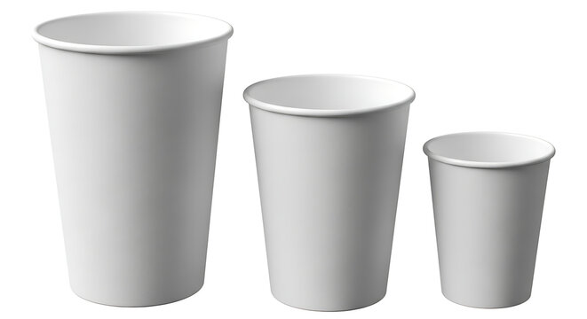 Three blank white takeaway paper cups in descending sizes isolated on white background with coffee cups with small medium large with fast food