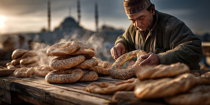 Sunrise illuminates dough and baking molds. Baker shapes sesame rings on old wooden table at dawn